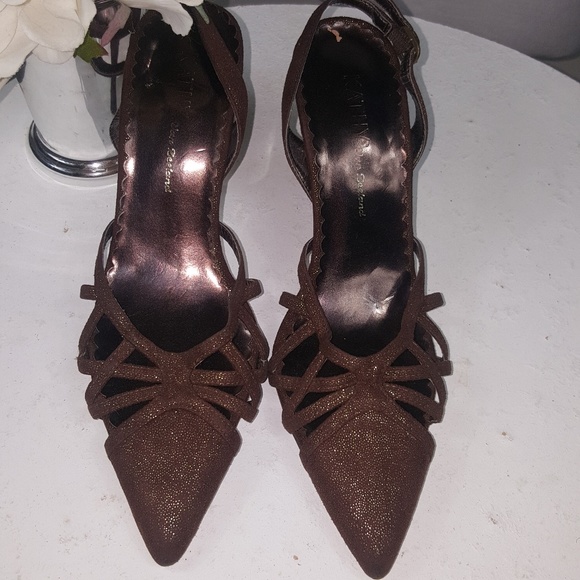 Kathy Van Zeeland Vintage Y2K Suede Leather Brown Pointed Toe Heels with GLITTER - Picture 5 of 8